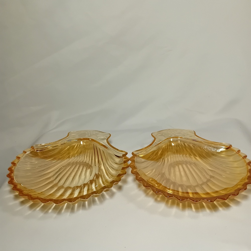 Set 2 Jeanette Marigold Carnival Glass Clam Seashell Trinket Dish Candy Tray - Picture 6 of 10